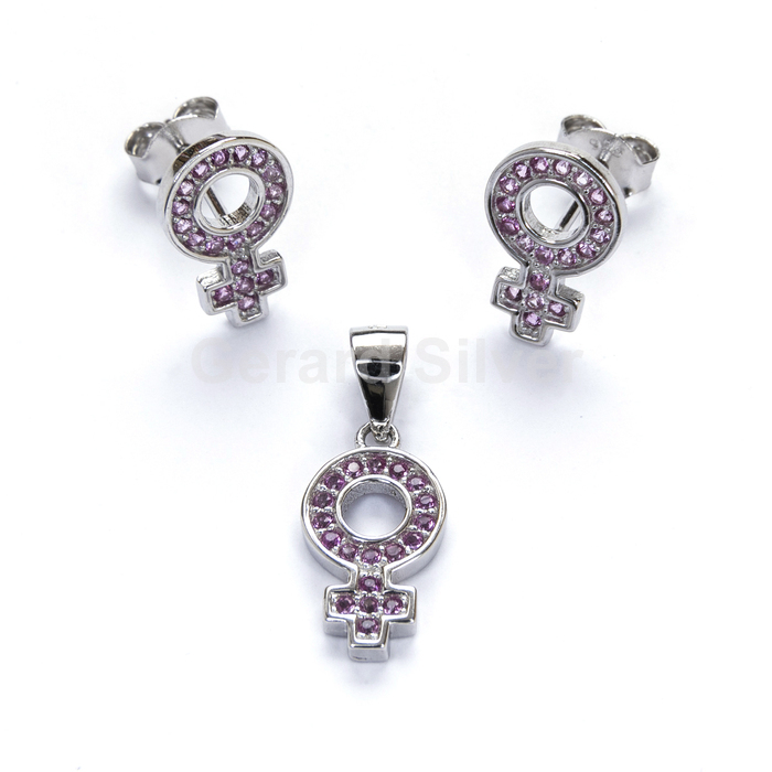 Conjunto Plata Circonita Rosa Símbolo Mujer