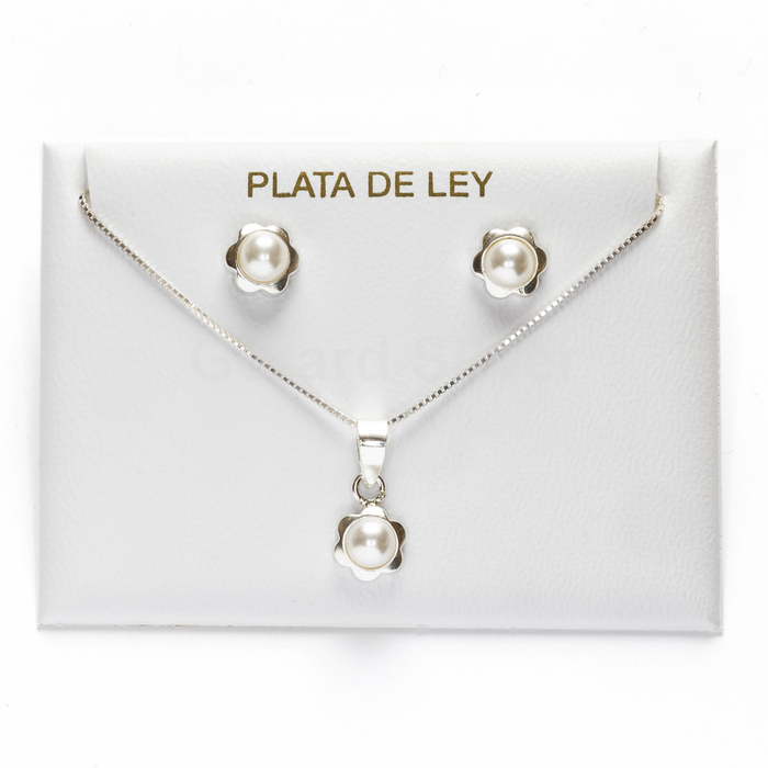 Conjunto Plata Perla Sintética Flor