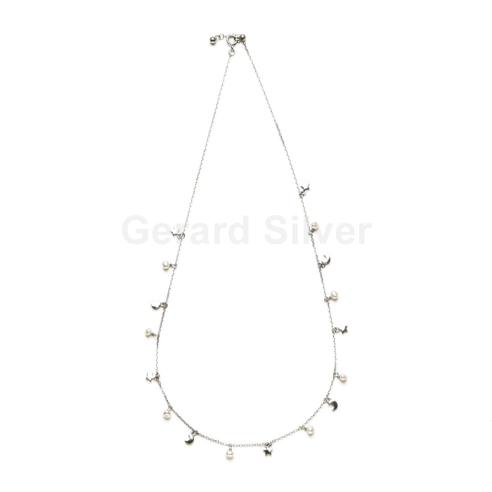 Collar Plata Ajustable Perla Cultivada Estrellas y Lunas