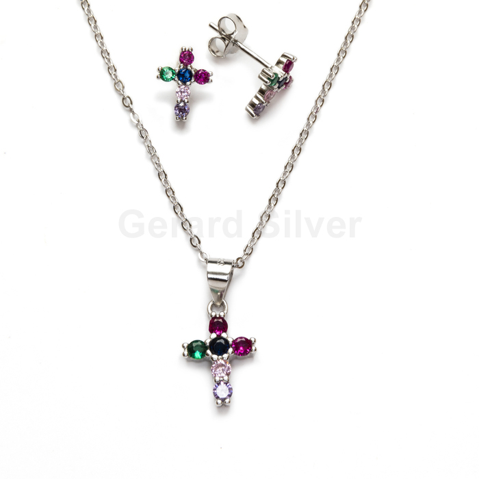 Conjunto de Collar y Pendientes en Plata con Circonitas Cruz 