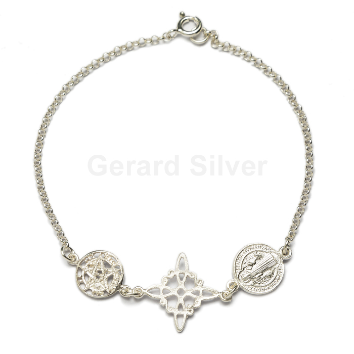 Pulsera de Plata Triple Protección San benito , Nudo de Bruja y Tetrágramaton 