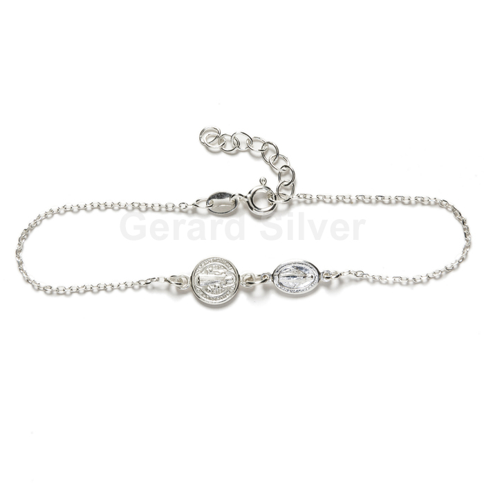 Pulsera de Plata Doble Protección San Benito y Virgen de la Milagrosa 