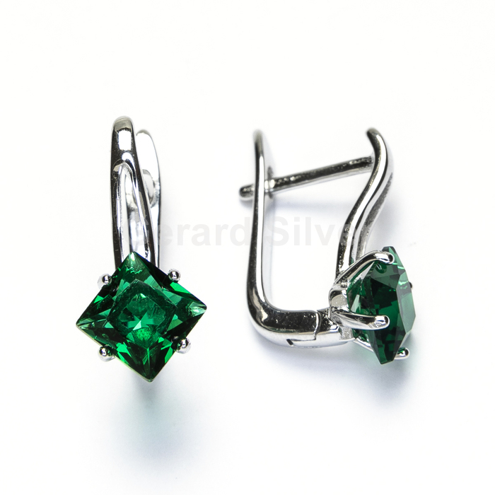 Pendiente de Plata y Circonita Con Cierre Catalán Esmeralda 