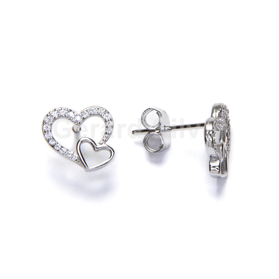 Pendiente de Plata y Circonita Doble Corazón 