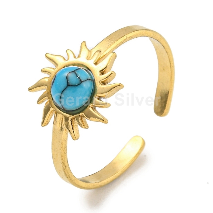 Anillos de Acero 304 Sol y Mineral sintético turquesa , malaquita con Baño de oro 18k
