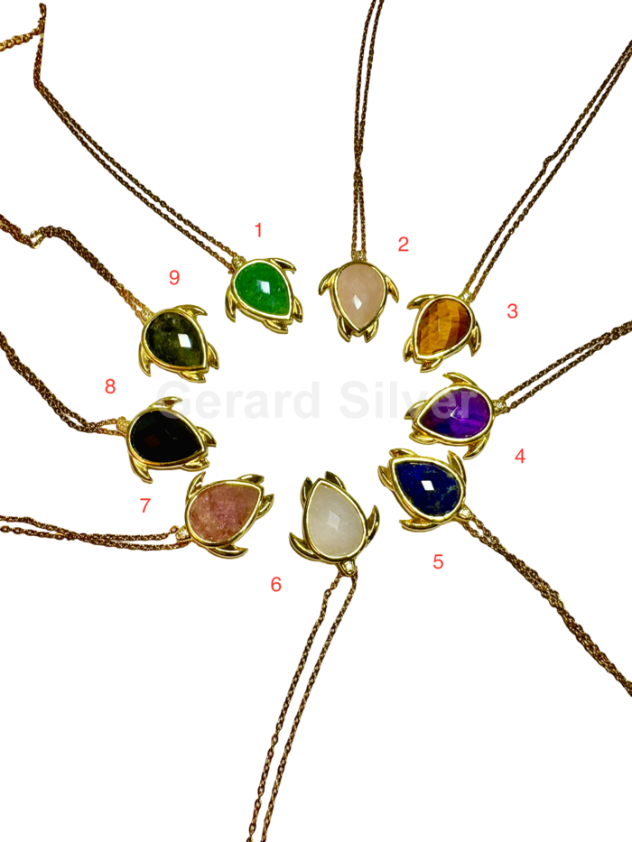 Collar de Acero 304 Tortuga Con Mineral Natural facetado y Baño de Oro 18 k 