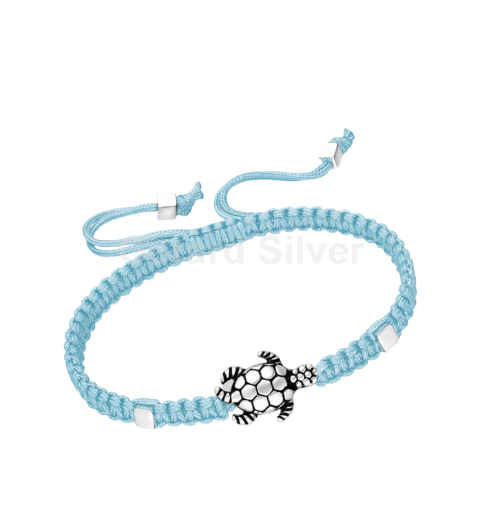 Pulsera Extensible de Plata y Macramé Tortuga ( Agua Marina)