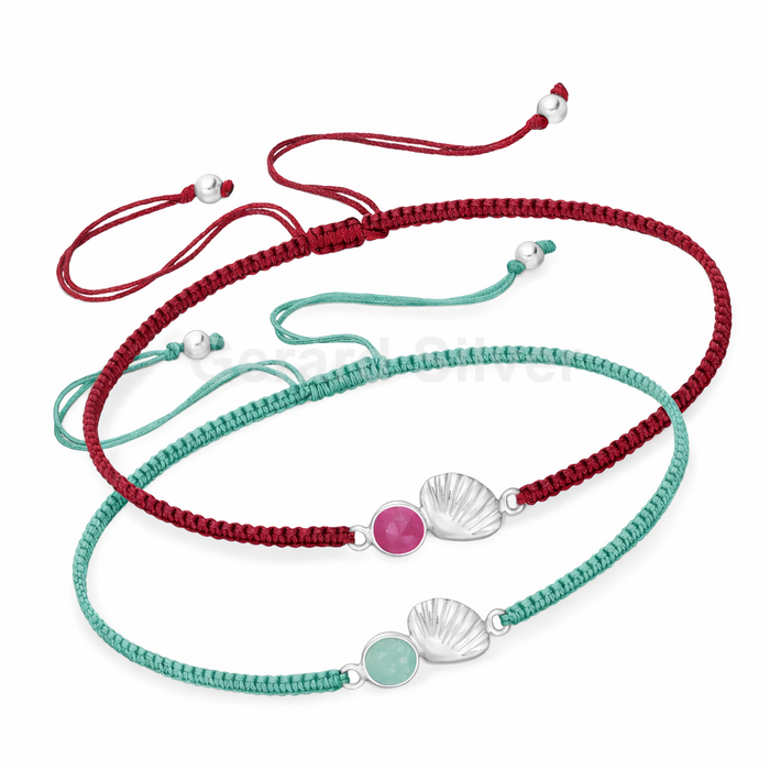 Pulsera de Plata , Macramé con  Concha y Mineral Natural( Amazonita y Agata Rosa)  