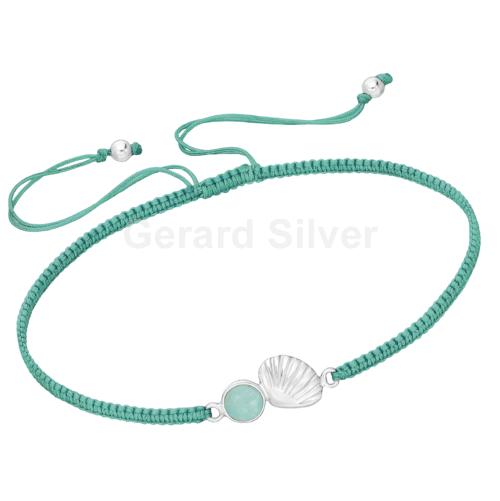 Pulsera de Plata , Macramé con  Concha y Mineral Natural( Amazonita y Agata Rosa)  
