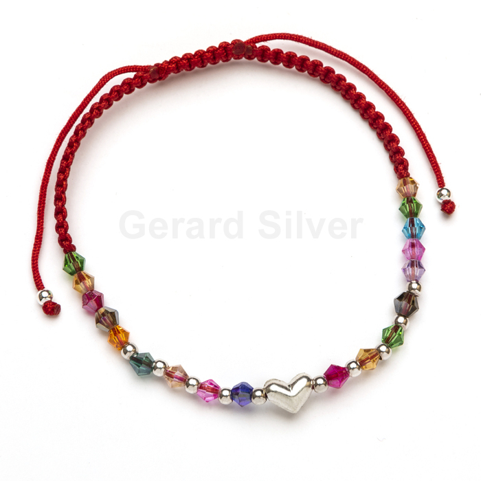 Pulsera de Plata con Macramé y Circonitas de Colores Corazón 