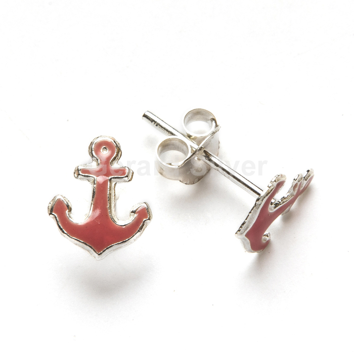 Pendiente de Plata y Esmalte Rosa Ancla 