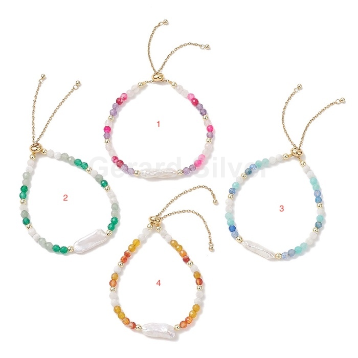 Pulsera de Acero 304 y Baño de Oro 18 k  con Mineral Natural , Perla Keshi y Nudo Corredero 