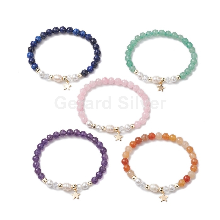 Pulsera de Acero 304 con Mineral Natural ,Perla Cultivada y Cristal 