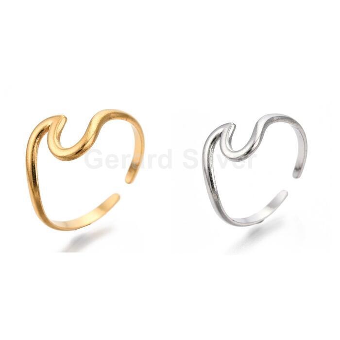 Anillo de Acero 304 Ola y Baño de Oro 18 k 