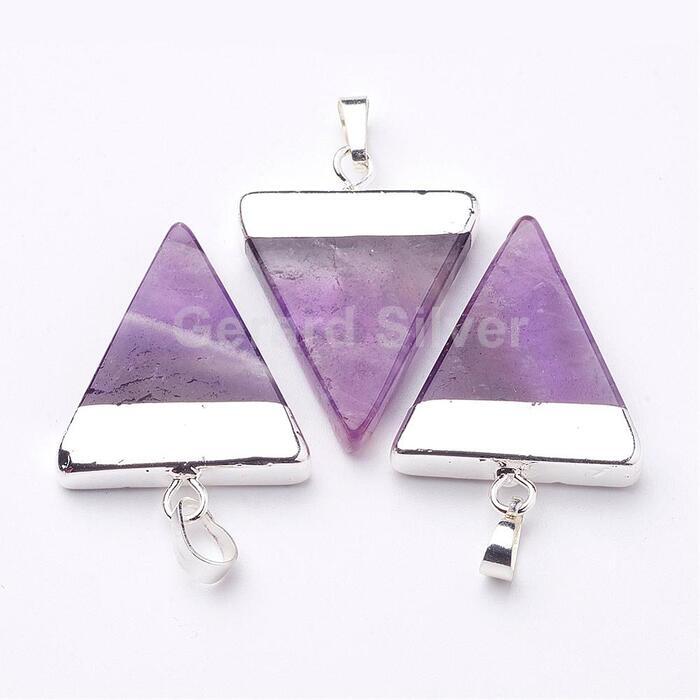 Colgante de Latón Con Baño de Plata Brillante y Amatista Natural Pulida 