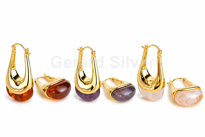 Pendientes de Latón y Resina Color Chocolate, Grisáceo y Piedra Luna con Cierre de Click 