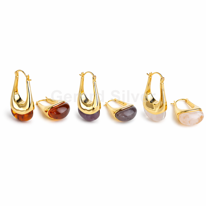 Pendientes de Latón y Resina Color Chocolate, Grisáceo y Piedra Luna con Cierre de Click 