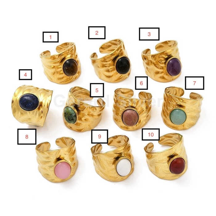 Anel aberto em aço inoxidável 316 com minerais naturais e banho de ouro 18k. 