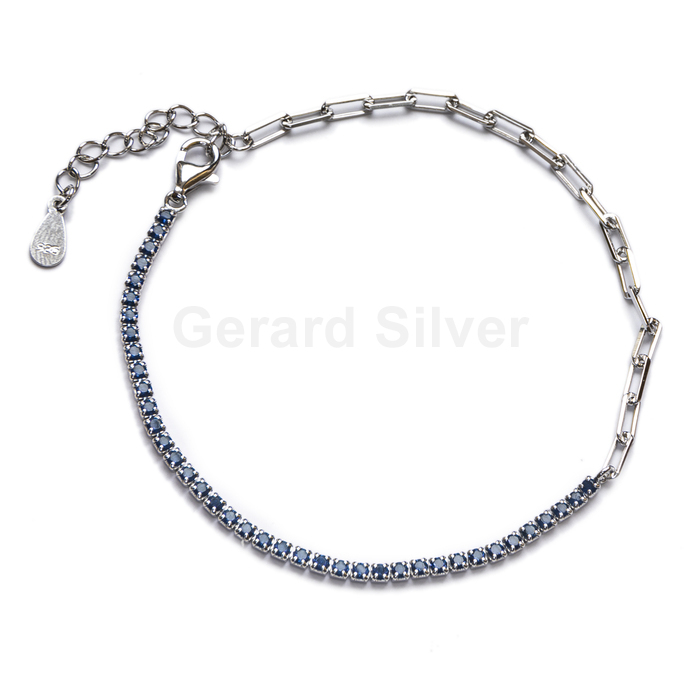 Pulsera Plata Circonita Azul y Cadena Eslabón 