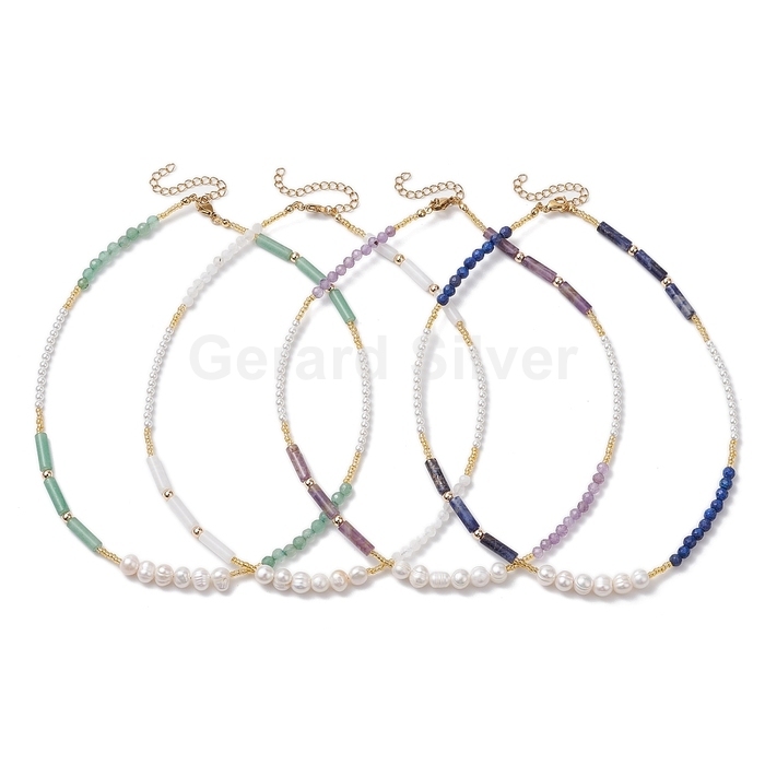 Collar de Latón Con Minerales Naturales y Perlas Cultivadas 