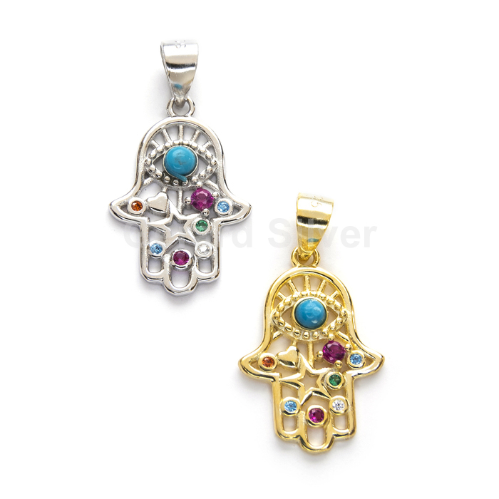 Colgante Plata Circonita Colores Mano de Fátima con Turquesa Esmaltada